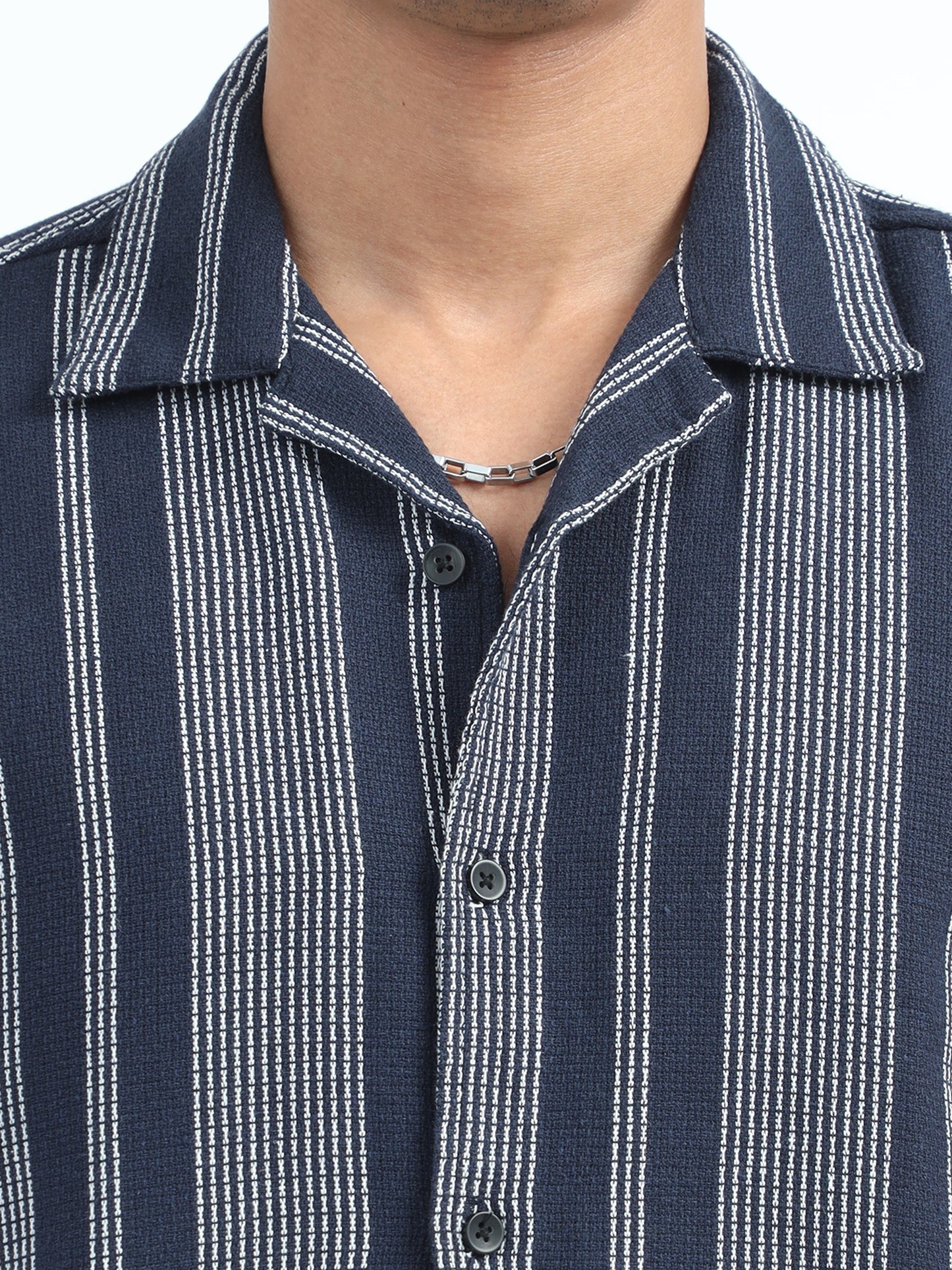 Men Striped Jacquard Oversized Shirt-Navy