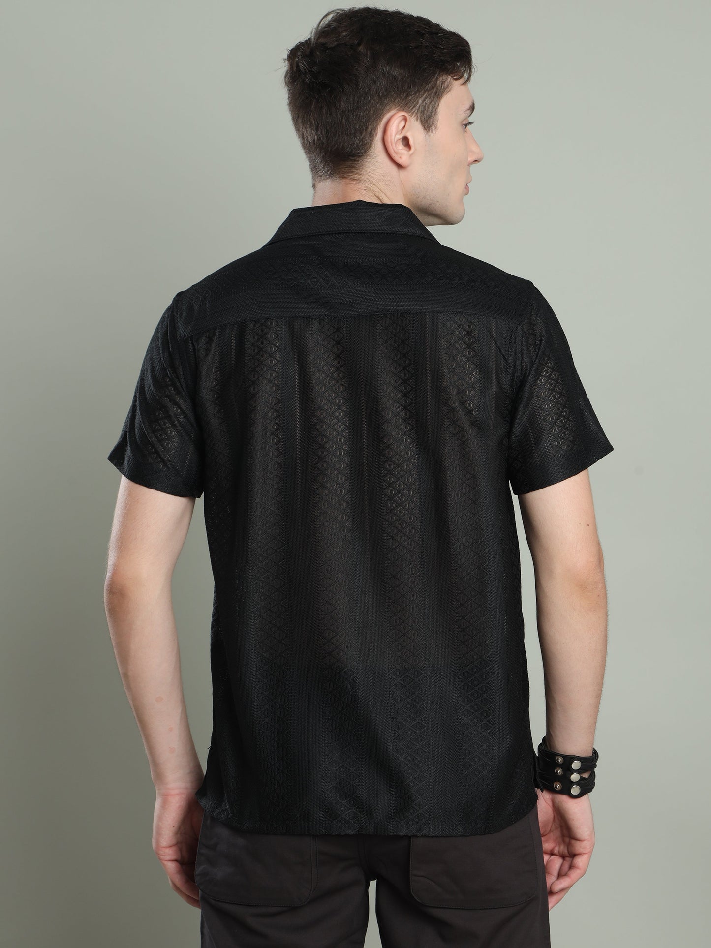 Men Embroidered Textured Shirt-Black