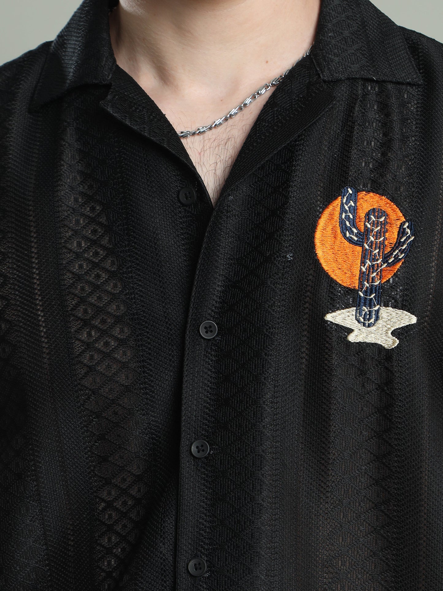 Men Embroidered Textured Shirt-Black