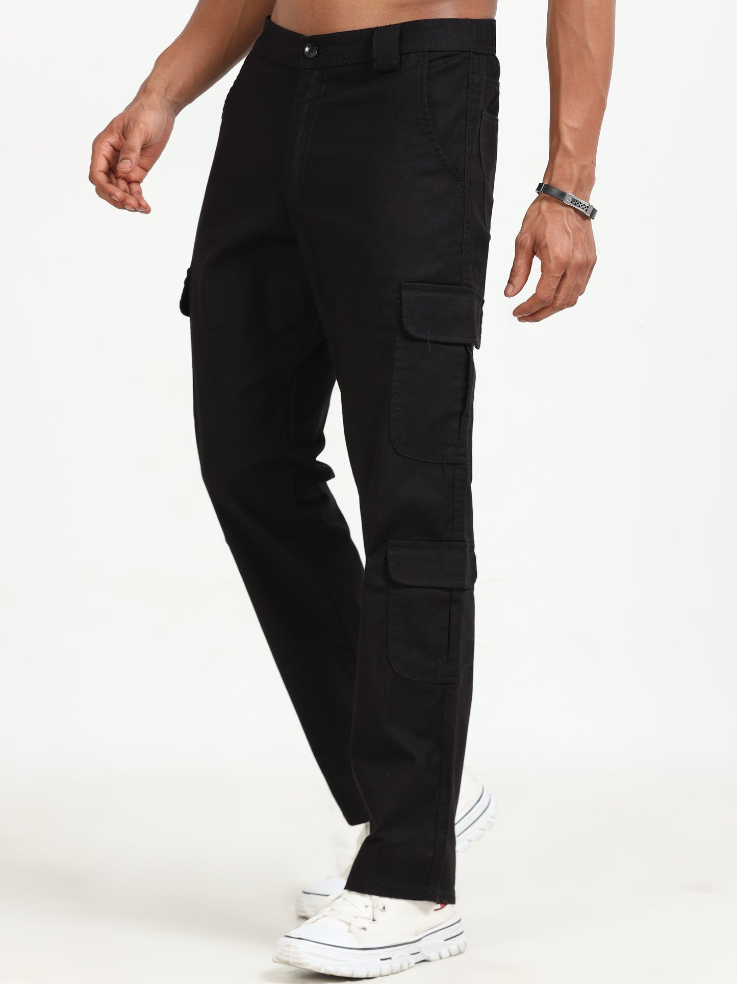 Men Lazy Linen Cargo Trousers-Black
