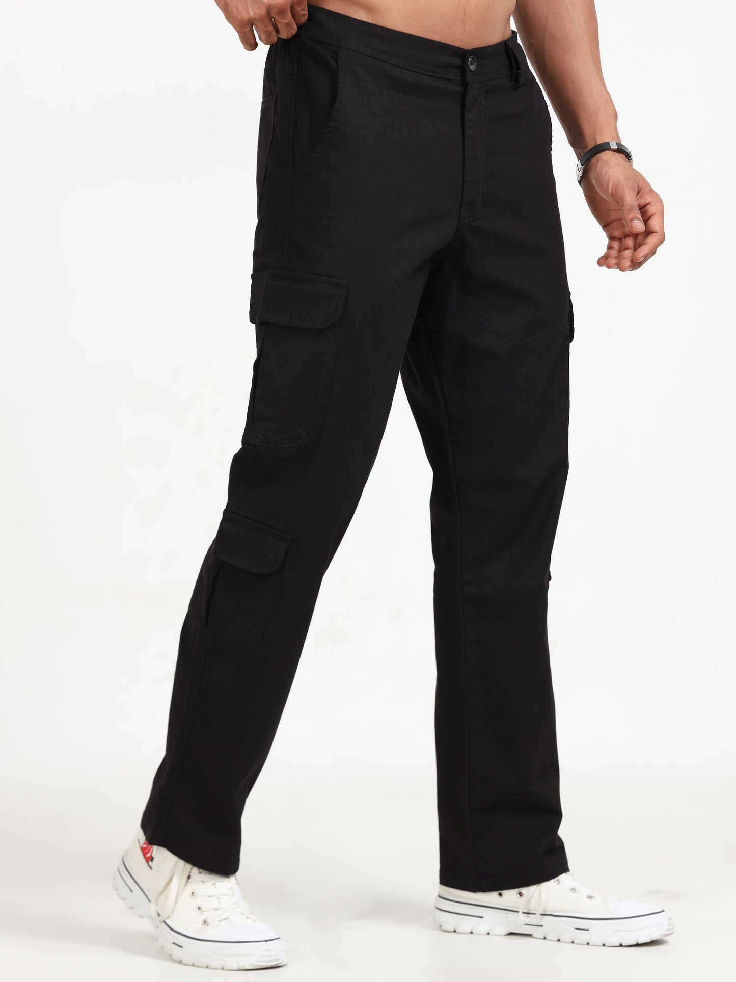 Men Lazy Linen Cargo Trousers-Black