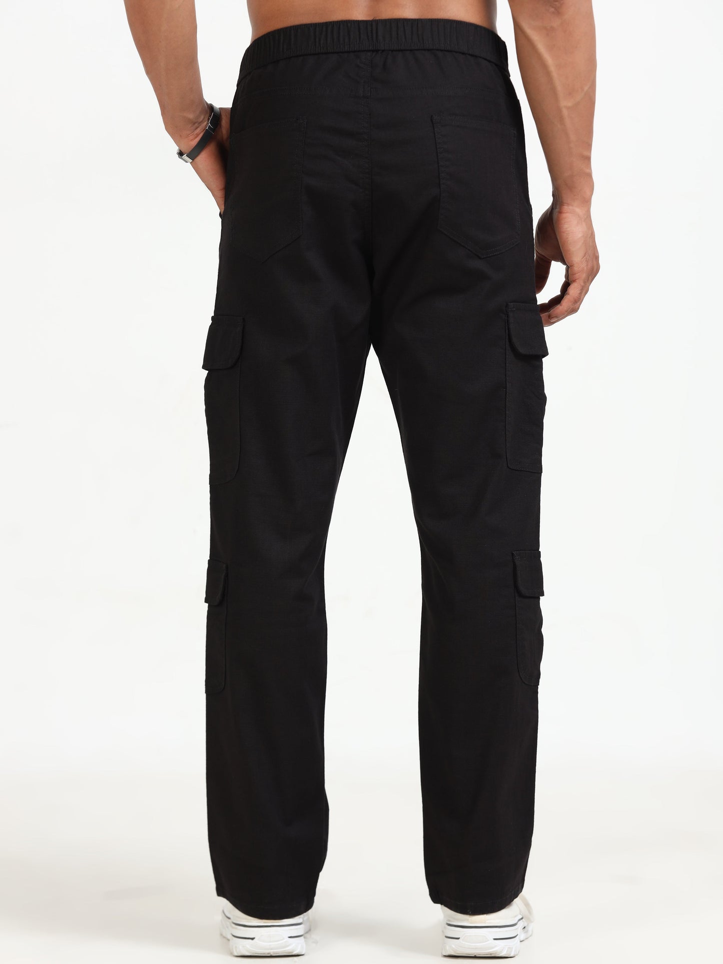Men Lazy Linen Cargo Trousers-Black