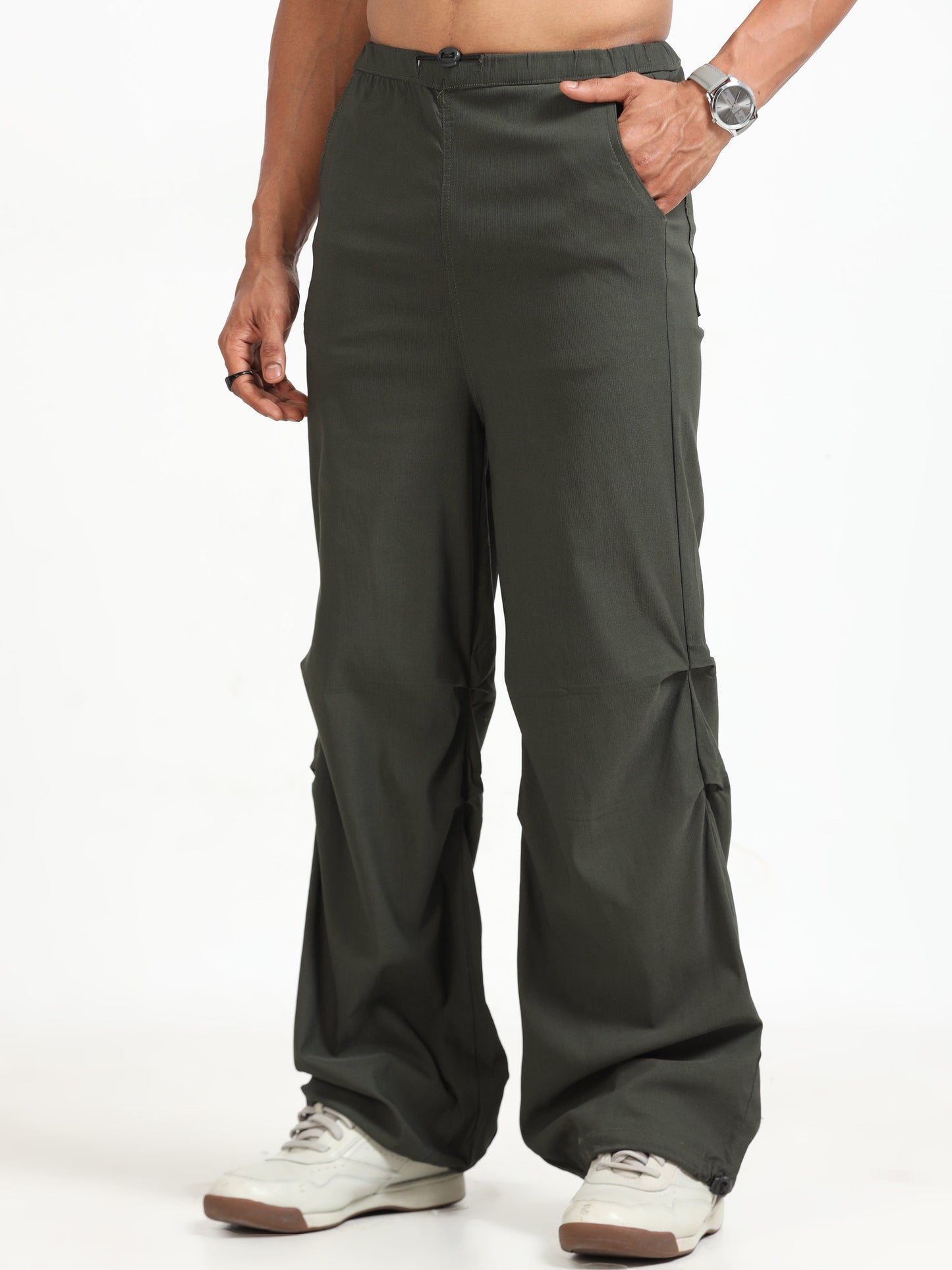 Men Parachute Trousers-Olive