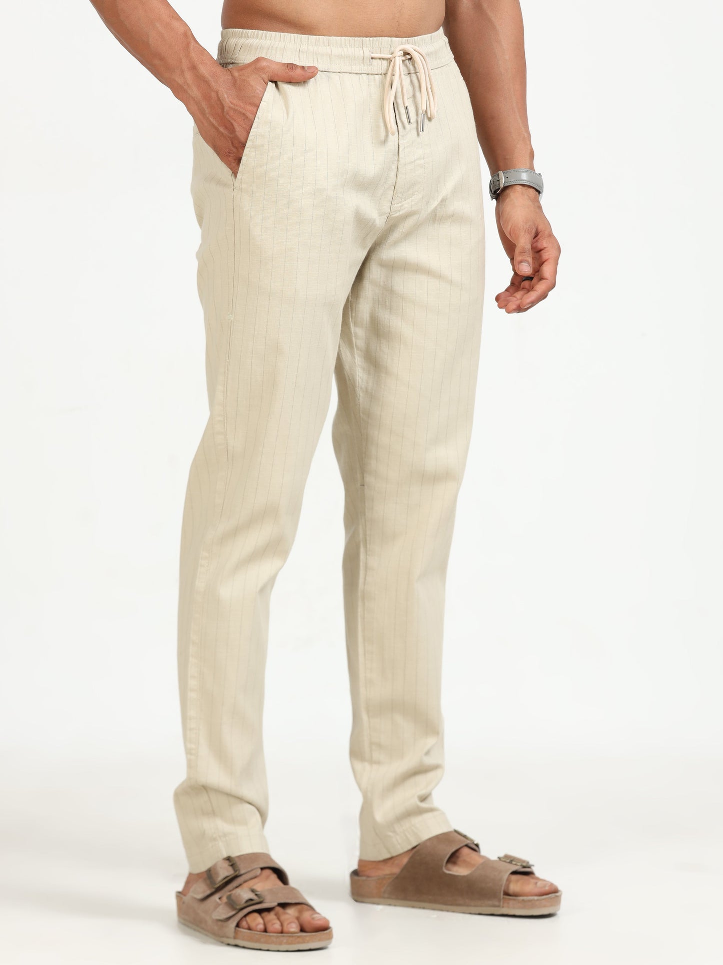 Men Air Linen Stripes Pant-Beige