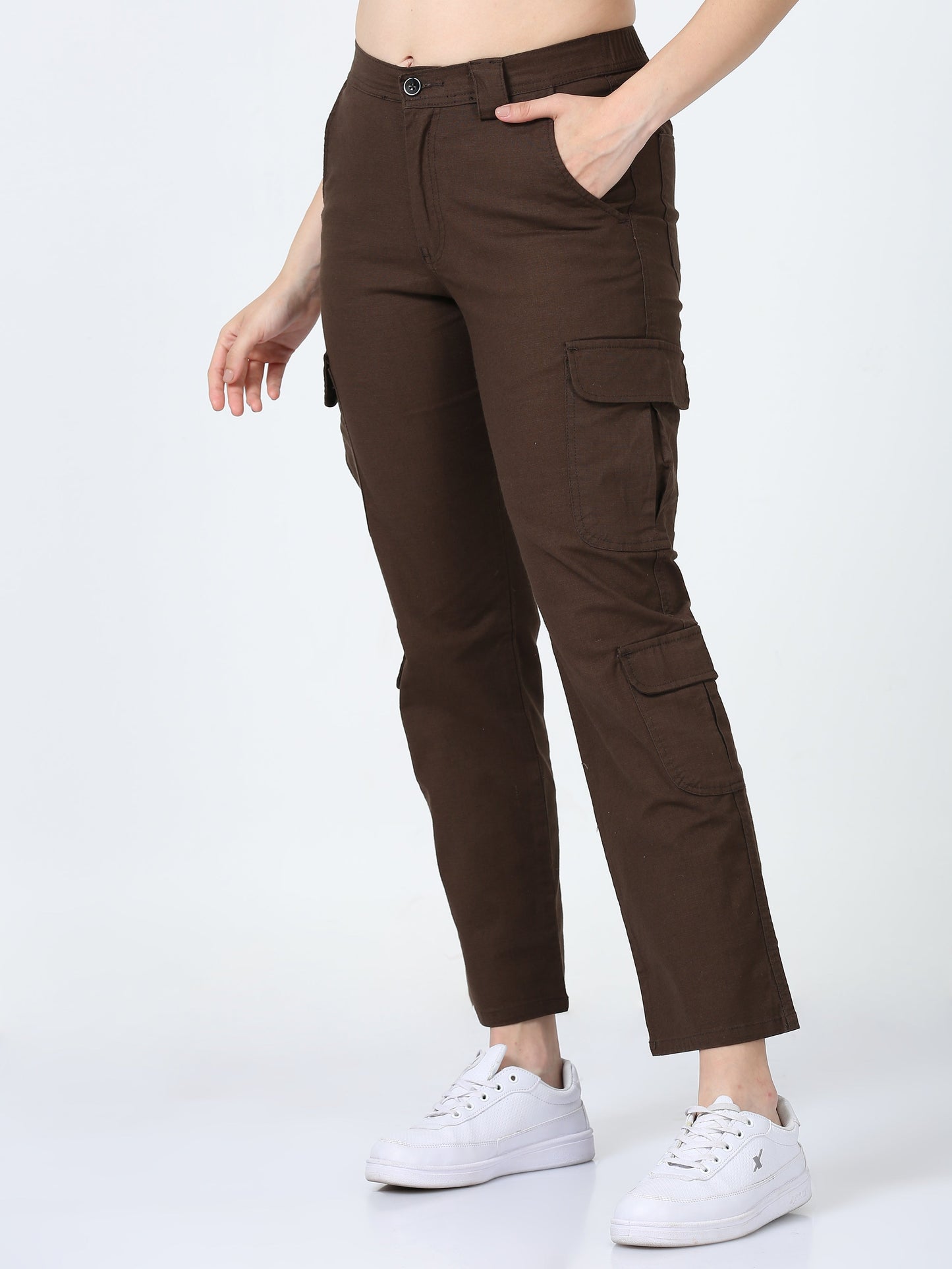 Women Lazy Linen Cargo Trousers-Brown