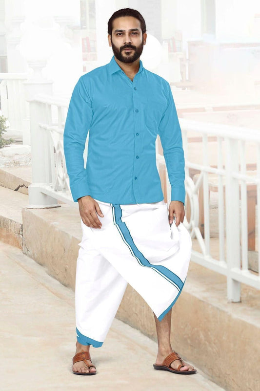 Men Dhoti Set Sky Blue-Half Sleeve