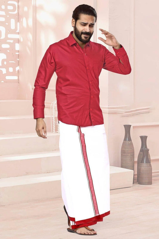 Men Dhoti Set Red-Full Sleeve