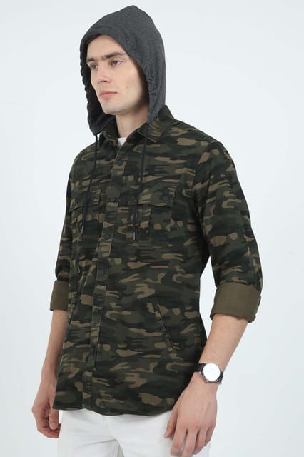 Krimty Dark Green Camo Print Double Pocket Hoodie Shirt KMTSH01492