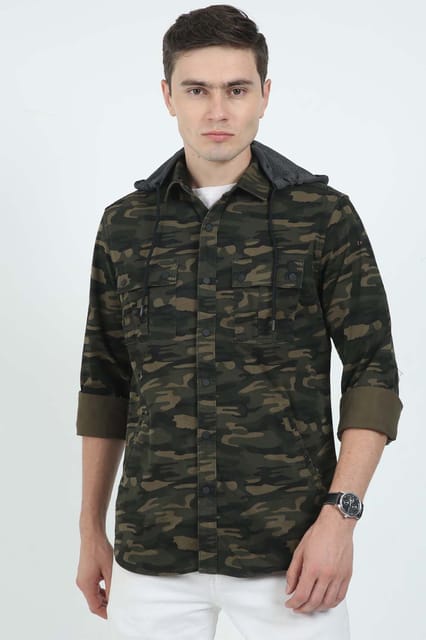 Krimty Dark Green Camo Print Double Pocket Hoodie Shirt KMTSH01492