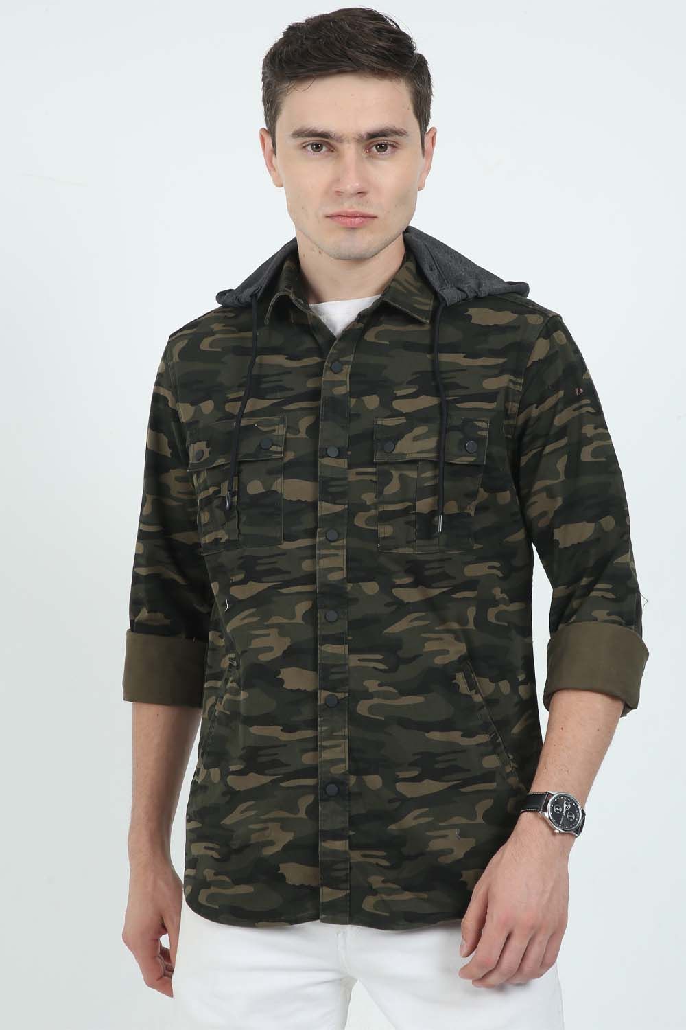 Krimty Dark Green Camo Print Double Pocket Hoodie Shirt KMTSH01492