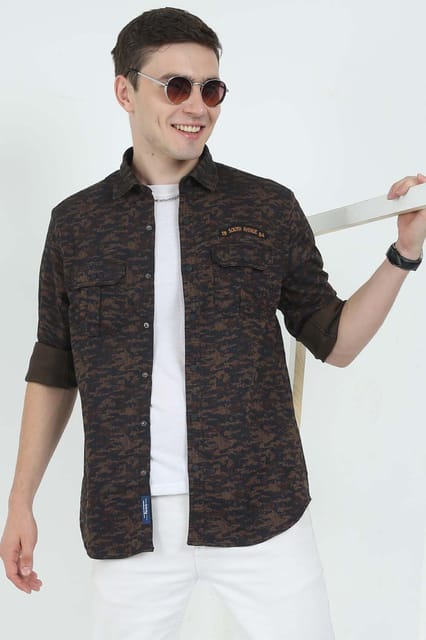 Krimty Coffee Brown Camo Print Double Pocket Shirt KMTSH00684