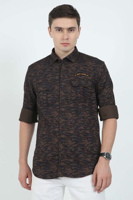 Krimty Coffee Brown Camo Print Double Pocket Shirt KMTSH00684