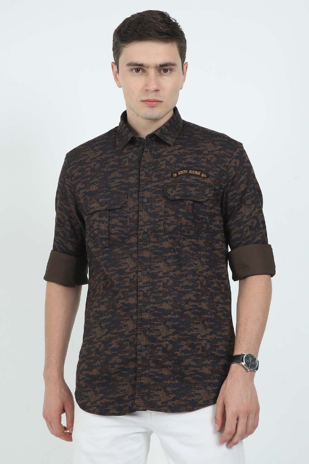 Krimty Coffee Brown Camo Print Double Pocket Shirt KMTSH00684