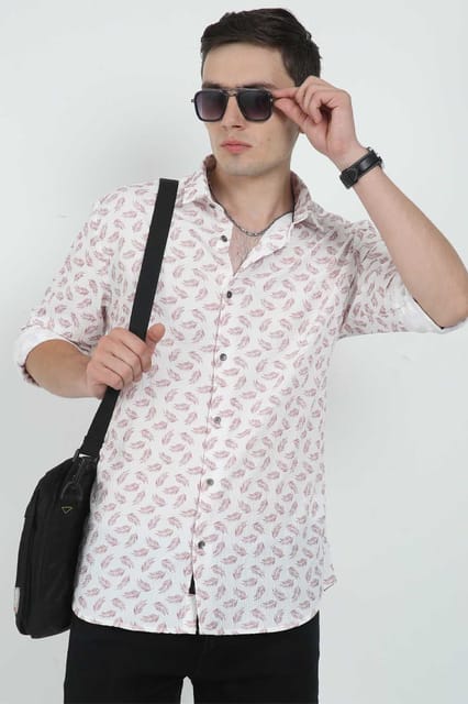 Krimty SeerSucker Peach Leaf Print Shirt KMTSH01434