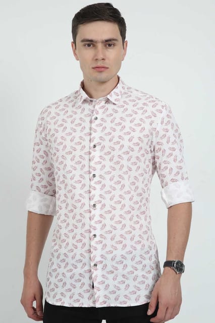 Krimty SeerSucker Peach Leaf Print Shirt KMTSH01434