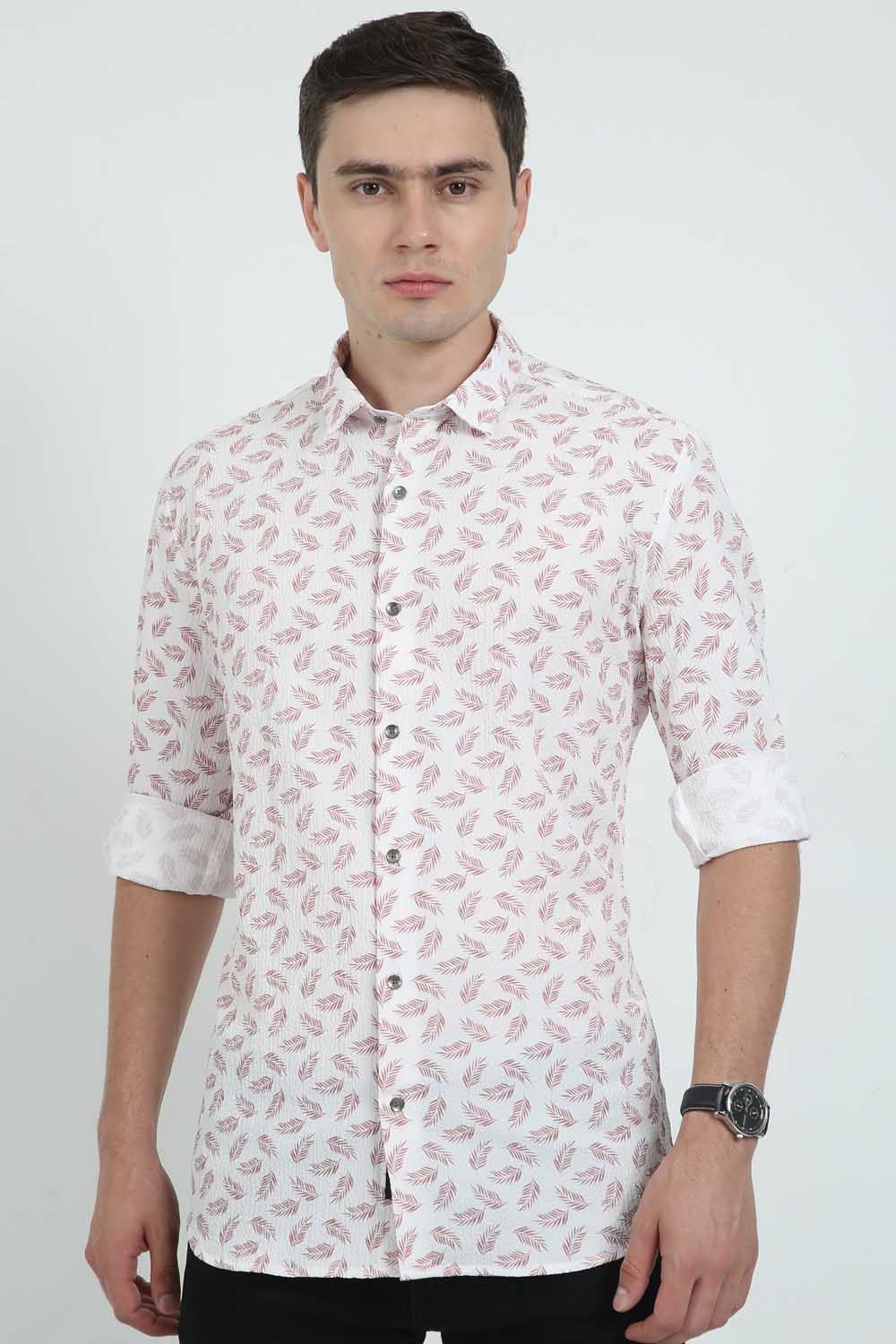 Krimty SeerSucker Peach Leaf Print Shirt KMTSH01434