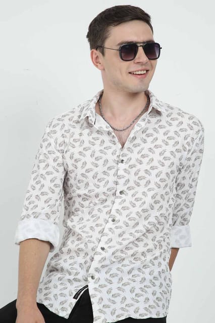 Krimty SeerSucker Brown Leaf Print Shirt KMTSH01435