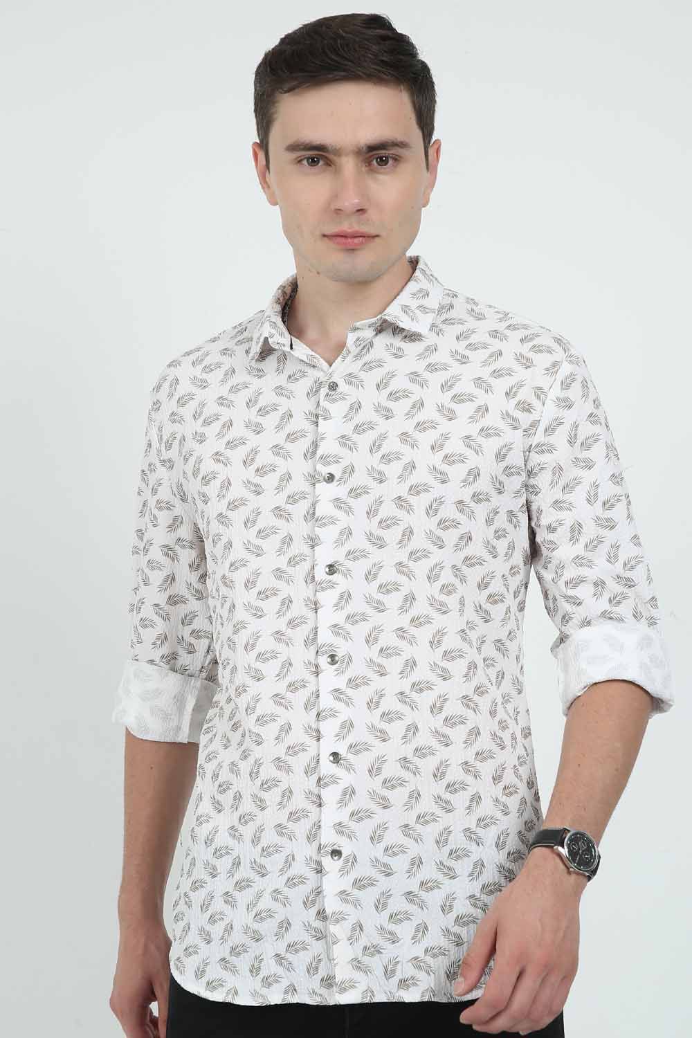 Krimty SeerSucker Brown Leaf Print Shirt KMTSH01435