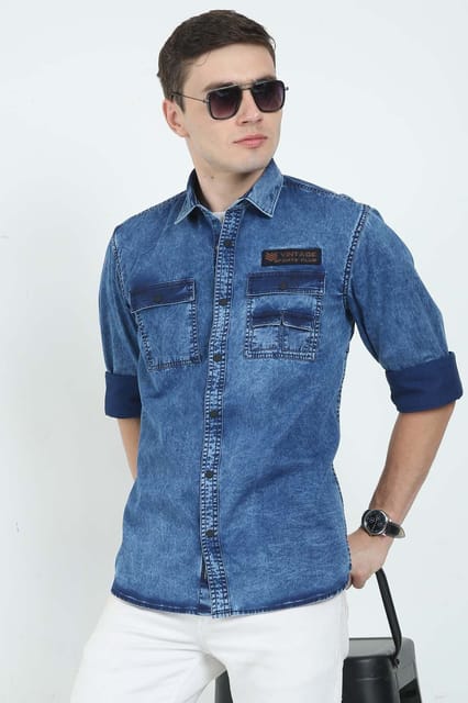 Krimty Dark Blue Denim Shirt With Coin Pocket KMTSH01099