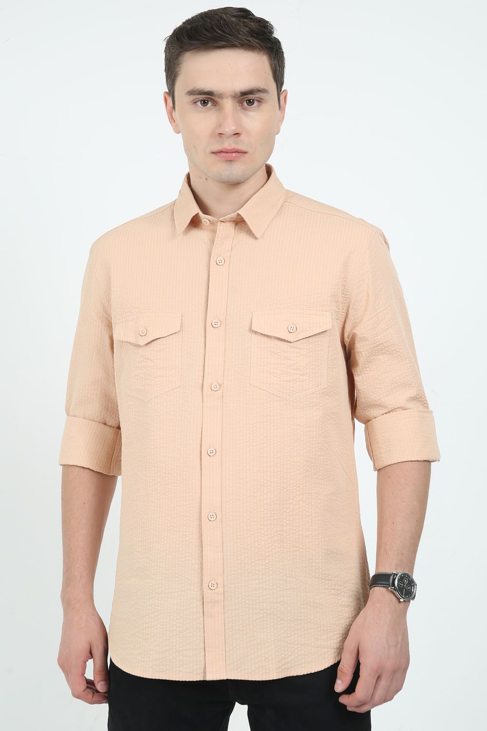 Krimty Light Peach Double Pocket Seersucker Shirt KMTSH01244