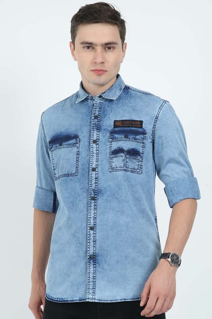 Krimty Light Blue Denim Shirt With Coin Pocket KMTSH01100