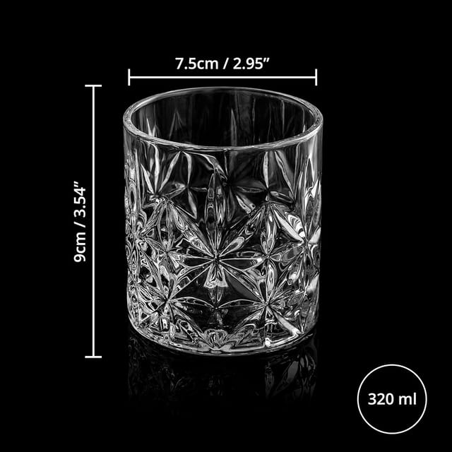 ABOUT SPACE Whiskey Glass (Set of 6) - 320ml Crystal Cut Barware Drinking Glasses for Whisky, Bourbon, Liquor, Wine, Cocktail Drinks - Transparent Old Vintage Fashioned Cocktail Tumblers Glassware