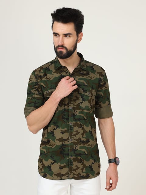 Urbaro Olive Long Sleeve Print Shirt