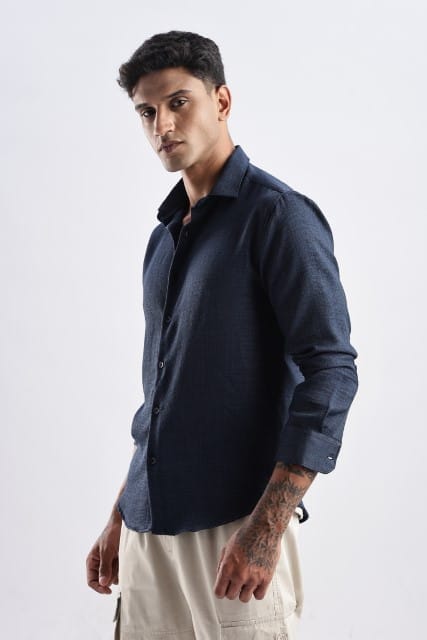 Men Milange Linen Look Shirts-Royal Blue