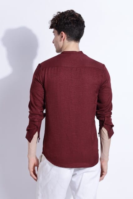Men Air Linen Like DP Mandarine Shirt-Maroon