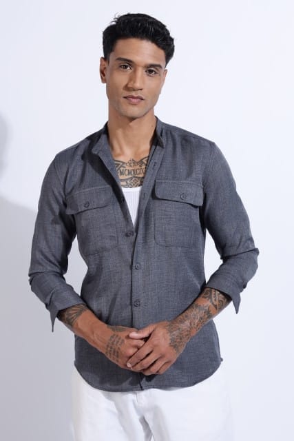 Men Air Linen Like DP Mandarine Shirt-Grey