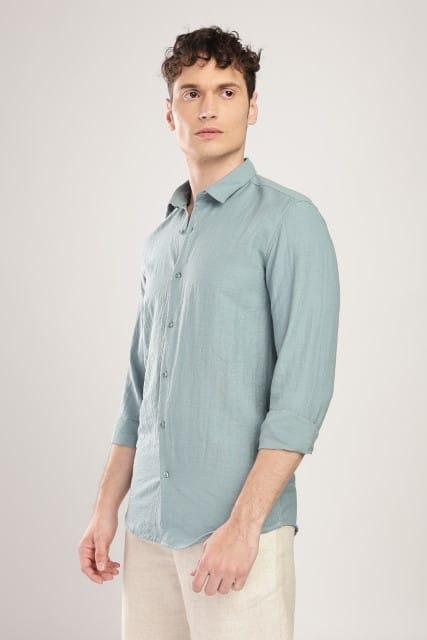 Men Linen Like Neps Shirts-Teal