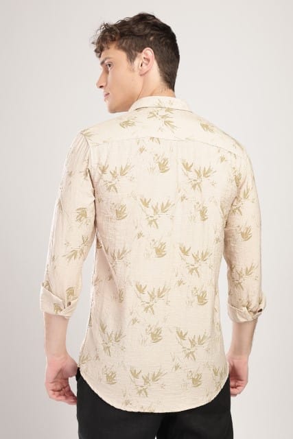 Men Linen Like Printed Shirt-Beige
