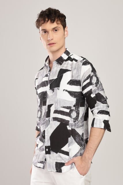 Men Nylon Abstract Print Shirts-Black