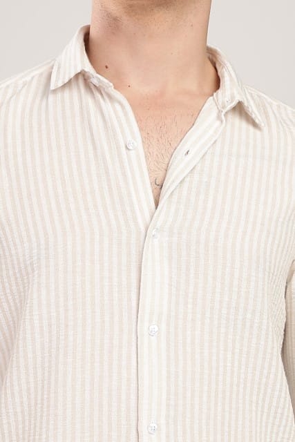 Men Linen Like Lining Shirt-Beige