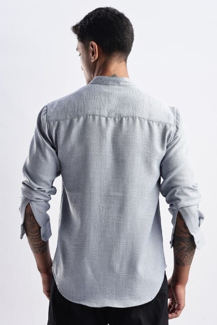 Men Milange Linen Look Shirts Mandarin Collar-Lt Grey