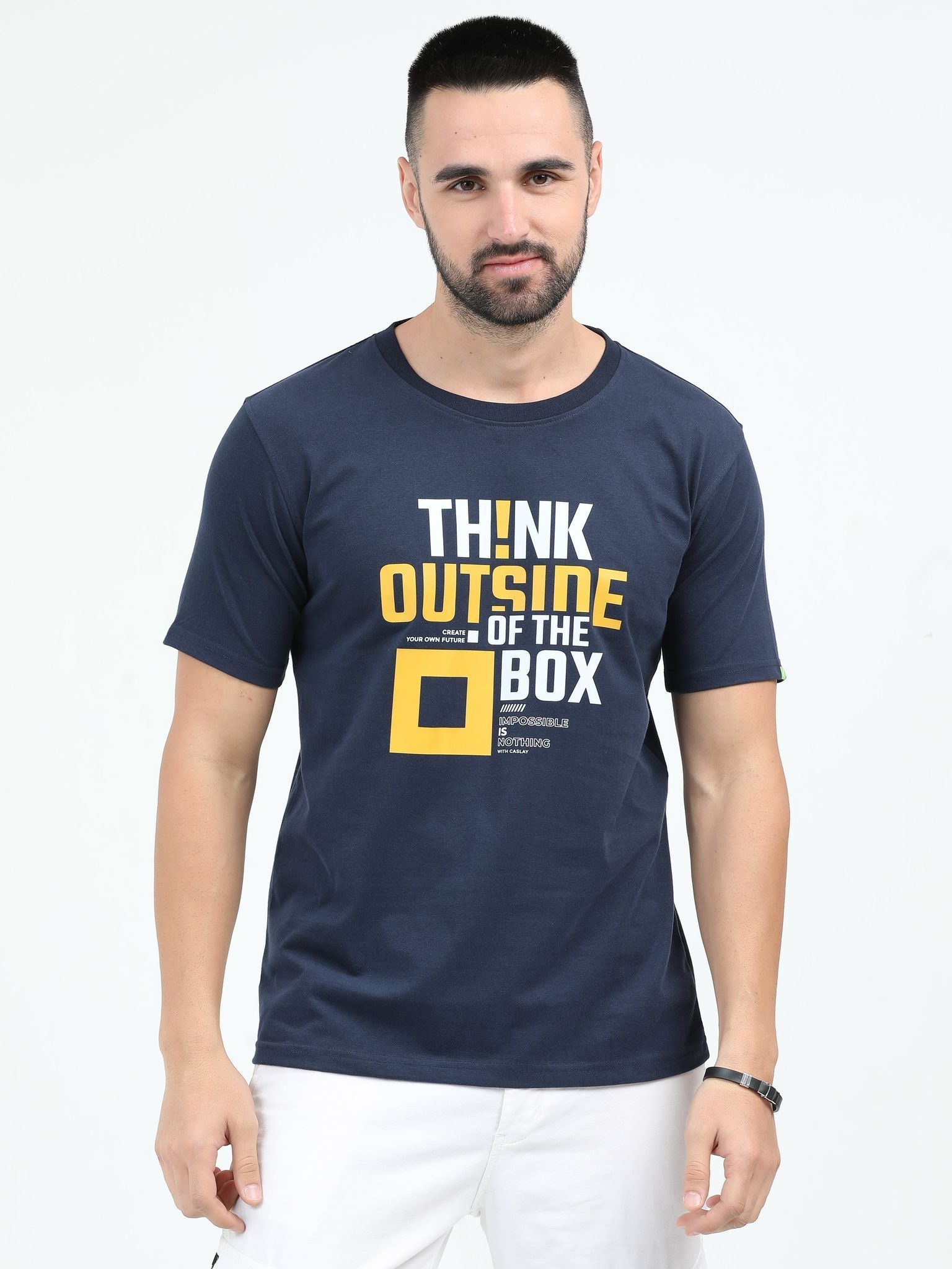 Caslay Sustainable - Think Outside Of The Box - Navy Blue Crew Neck Printed T-Shirt