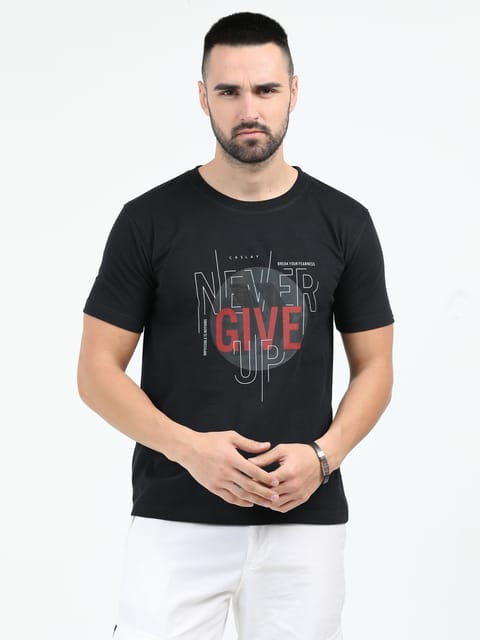 Caslay Sustainable - Never Give Up - Black Crew Neck Printed T-Shirt