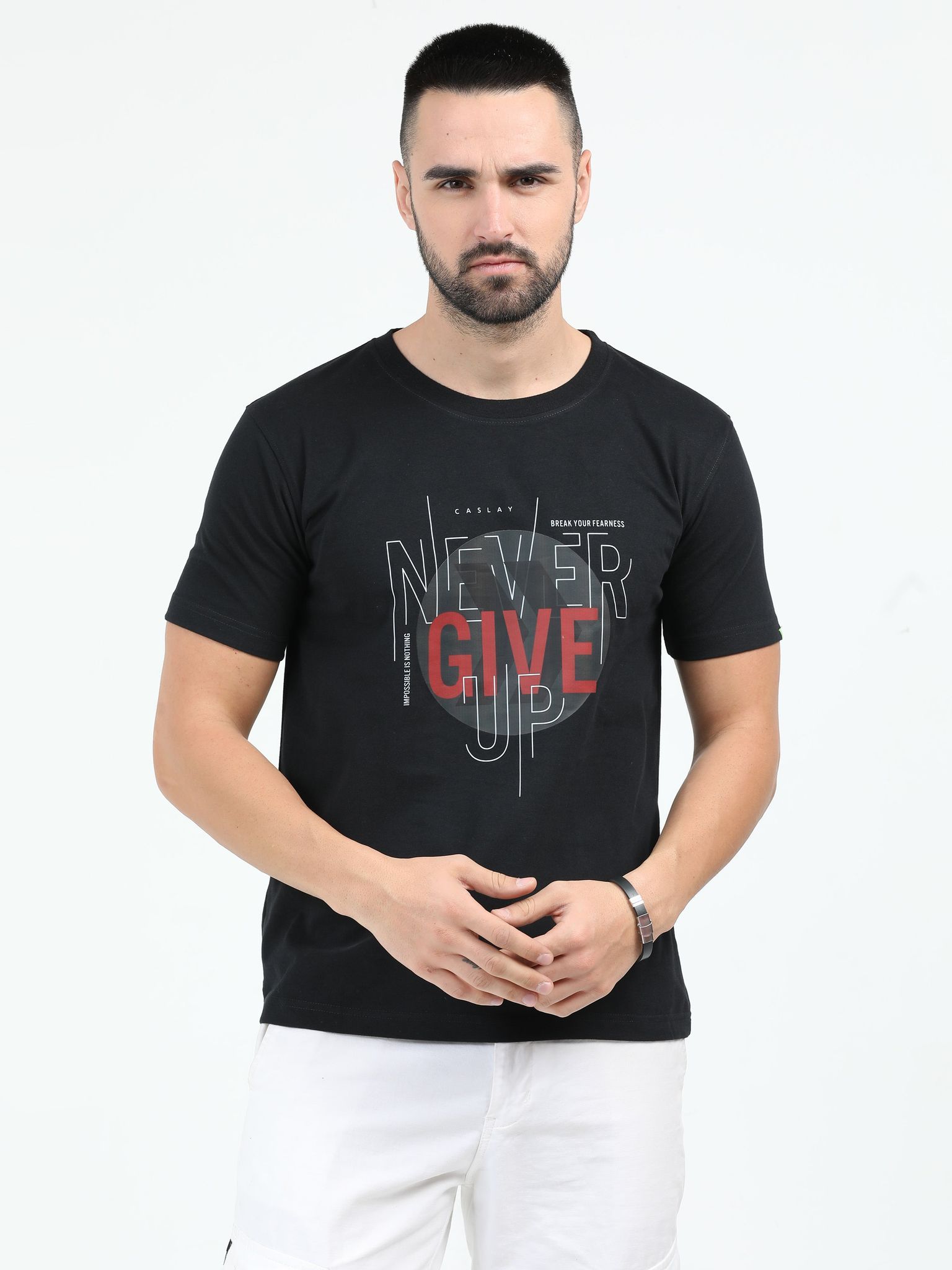 Caslay Sustainable - Never Give Up - Black Crew Neck Printed T-Shirt