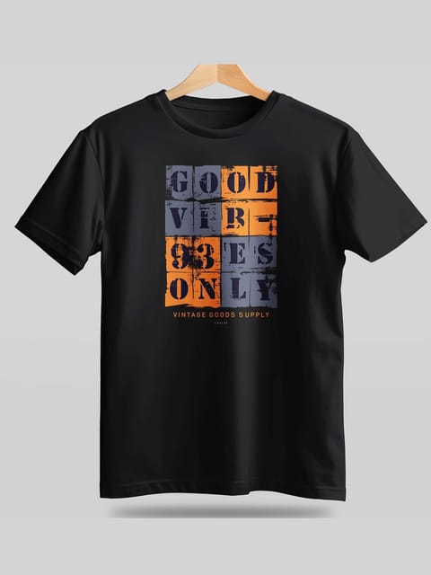 Caslay Sustainable - Good Vibes Only Black Crew Neck Printed T-Shirt