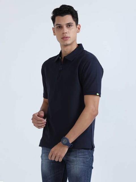 Caslay Sustainable Sweat Polo - Navy Blue Solid T-Shirt