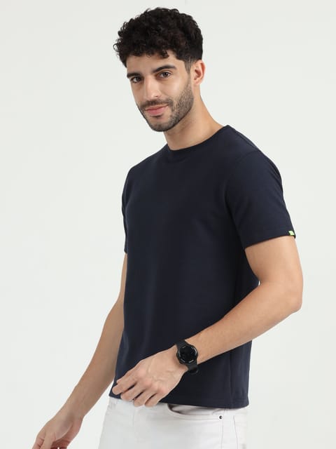 Caslay Sustainable - Navy Blue Crew Neck Solid T-Shirt